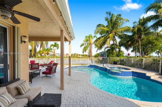 1106 NW 180th Ave, Pembroke Pines, FL 33029 - view of swimming pool with an outdoor living space, a water view, a fenced backyard, a patio area, and a pool with connected hot tub