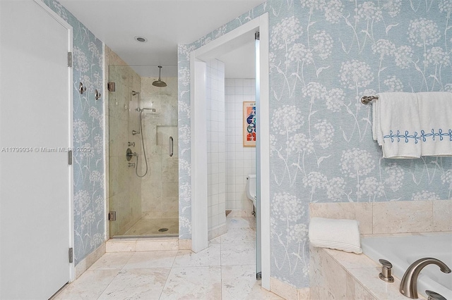 9401 Collins Ave Unit 505, Surfside, FL 33154 - full bath with a stall shower, a bath, wallpapered walls, and baseboards
