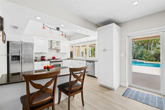 5318 Garfield St, Hollywood, FL 33021 - kitchen with stainless steel appliances, wall chimney range hood, a textured ceiling, a raised ceiling, and healthy amount of natural light