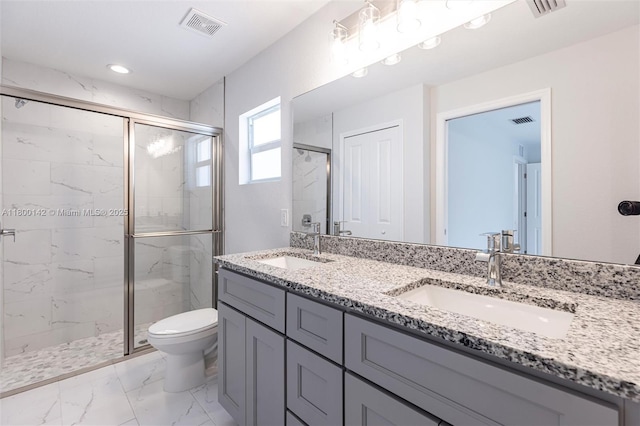 2004 Rosa Ct, Lehigh Acres, FL 33972 - full bathroom featuring a marble finish shower, marble look tiles, toilet, double vanity, and recessed lighting