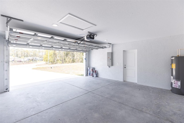 2004 Rosa Ct, Lehigh Acres, FL 33972 - garage featuring water heater, a garage door opener, a textured wall, and electric panel