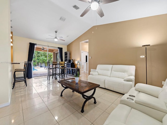 18760 SW 358th St, Homestead, FL 33034 - living area with ceiling fan, vaulted ceiling, light tile patterned flooring, and baseboards