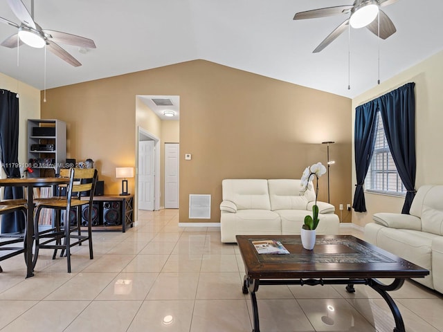18760 SW 358th St, Homestead, FL 33034 - living room featuring a ceiling fan, lofted ceiling, light tile patterned floors, and baseboards