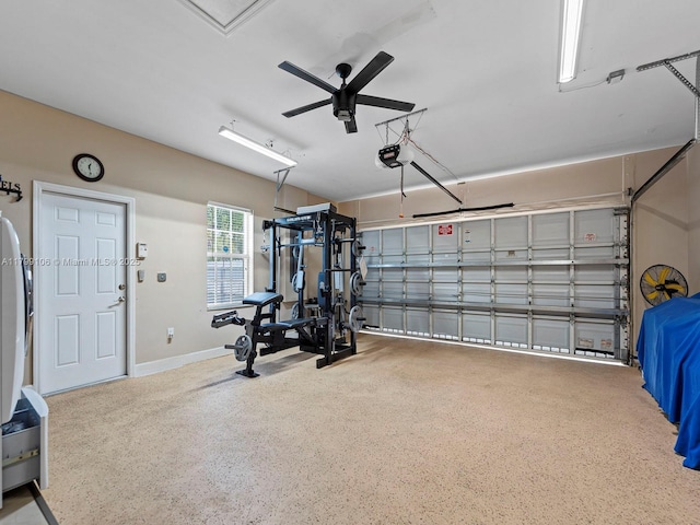 18760 SW 358th St, Homestead, FL 33034 - garage with a garage door opener, baseboards, and a ceiling fan