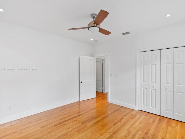 1125 Asturia Ave, Coral Gables, FL 33134 - unfurnished bedroom featuring light wood-style flooring, recessed lighting, baseboards, a closet, and ceiling fan