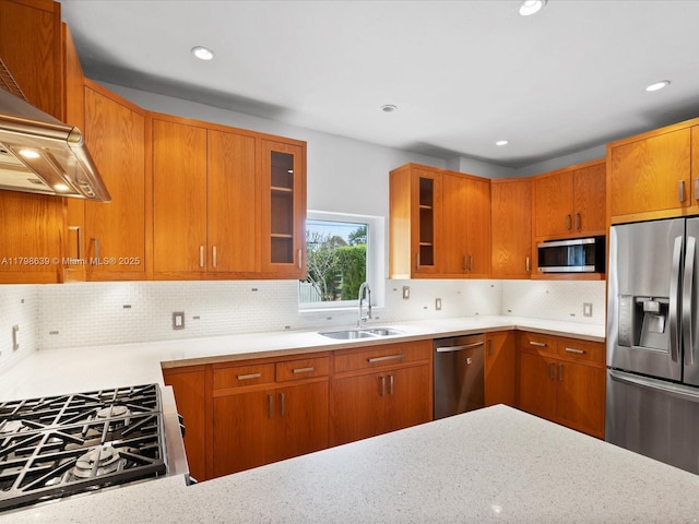 1125 Asturia Ave, Coral Gables, FL 33134 - kitchen featuring stainless steel appliances, a sink, glass insert cabinets, tasteful backsplash, and recessed lighting