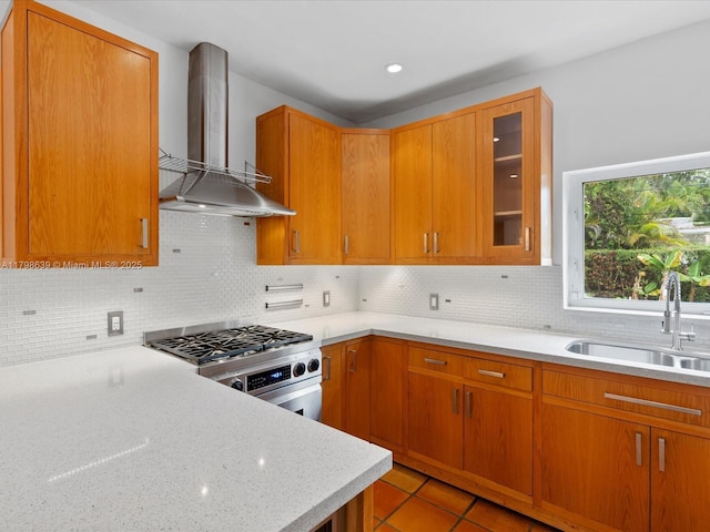 1125 Asturia Ave, Coral Gables, FL 33134 - kitchen featuring wall chimney range hood, stainless steel range with gas cooktop, a sink, glass insert cabinets, and tasteful backsplash