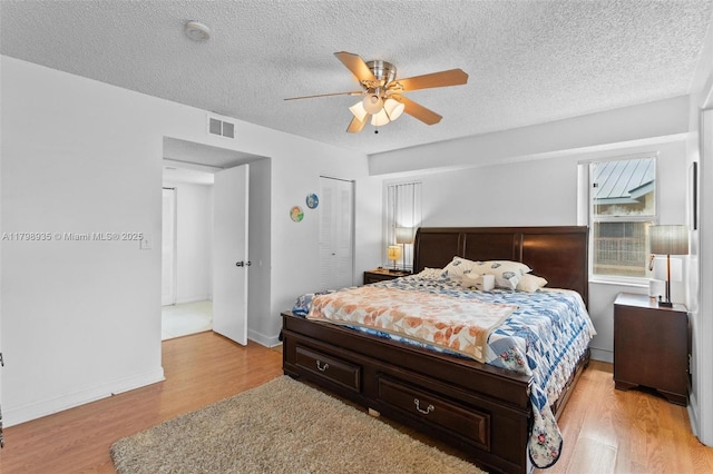 7620 Westwood Dr Unit 216, Tamarac, FL 33321 - bedroom featuring light wood-style floors, a textured ceiling, a closet, and a ceiling fan