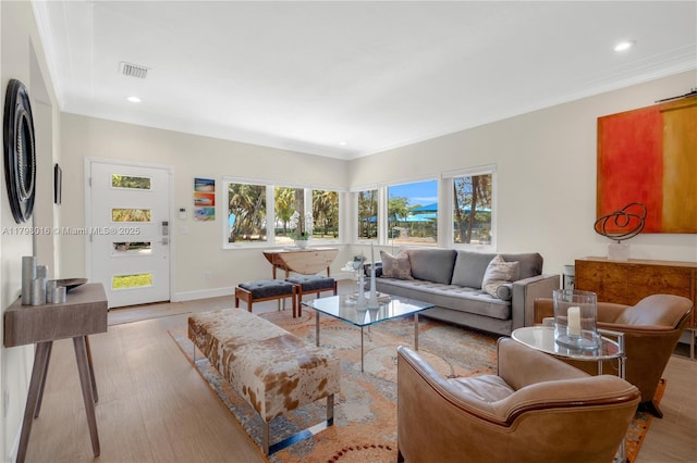 5550 N Bayshore Dr, Miami, FL 33137 - living area with recessed lighting, light wood-style flooring, and ornamental molding