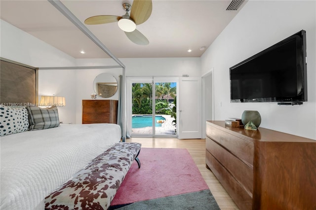 5550 N Bayshore Dr, Miami, FL 33137 - bedroom featuring access to exterior, light wood-style flooring, and ceiling fan