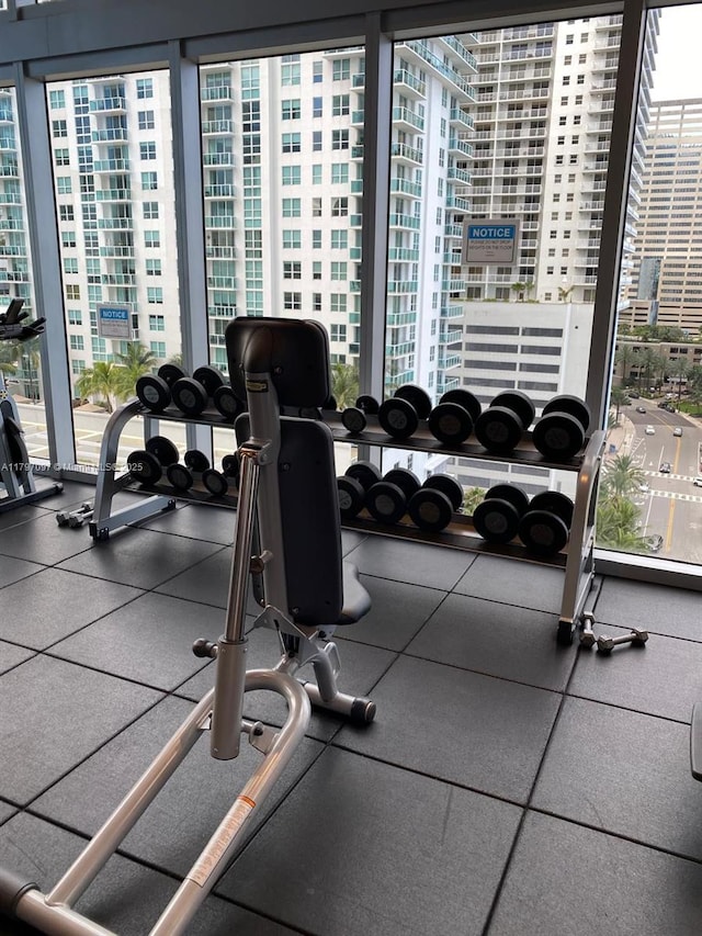 gym featuring a city view