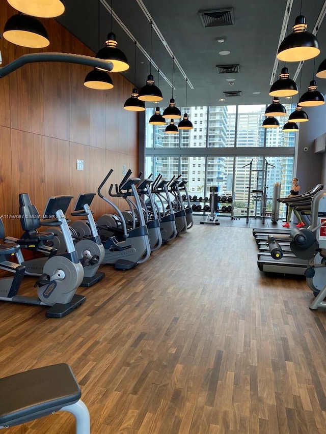 exercise room featuring expansive windows, wood finished floors, and wooden walls