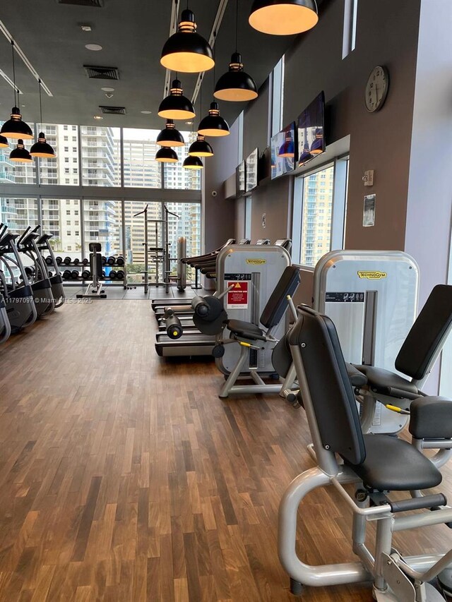 exercise room featuring wood finished floors, floor to ceiling windows, and a high ceiling