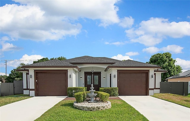view of front facade featuring driveway, french doors, stucco siding, and a garage