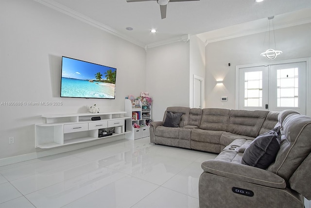 living room featuring ornamental molding, a ceiling fan, light tile patterned floors, and recessed lighting