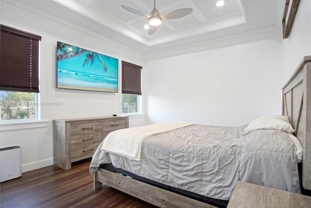 bedroom featuring dark wood finished floors, multiple windows, crown molding, coffered ceiling, and recessed lighting