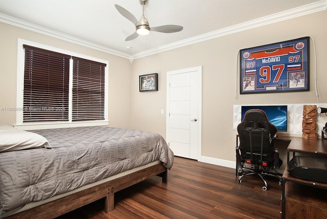 bedroom with wood finished floors, ornamental molding, baseboards, a desk, and ceiling fan