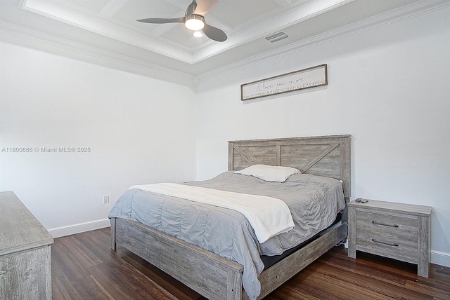 bedroom featuring wood finished floors, crown molding, baseboards, and ceiling fan