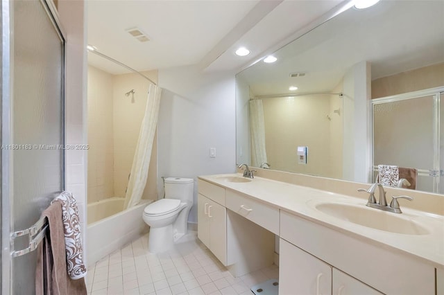 23158 Island Vw Unit 1, Boca Raton, FL 33433 - bathroom with tile patterned flooring, shower / bath combo, toilet, recessed lighting, and double vanity