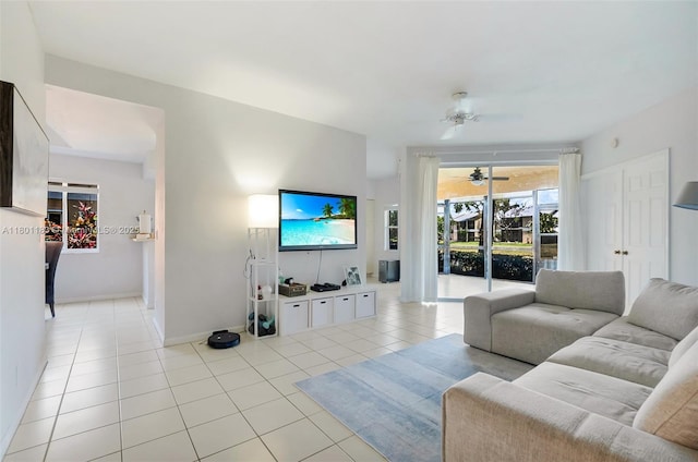 23158 Island Vw Unit 1, Boca Raton, FL 33433 - living room with light tile patterned floors, ceiling fan, and baseboards