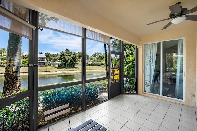 23158 Island Vw Unit 1, Boca Raton, FL 33433 - unfurnished sunroom with a water view and a ceiling fan