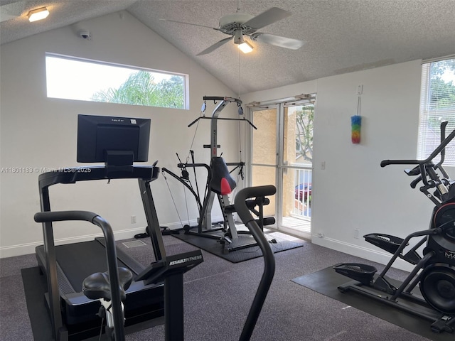 23158 Island Vw Unit 1, Boca Raton, FL 33433 - workout area with a textured ceiling, a ceiling fan, baseboards, and vaulted ceiling