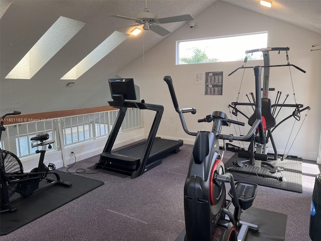 23158 Island Vw Unit 1, Boca Raton, FL 33433 - workout room with a skylight, lofted ceiling, ceiling fan, baseboards, and a textured ceiling