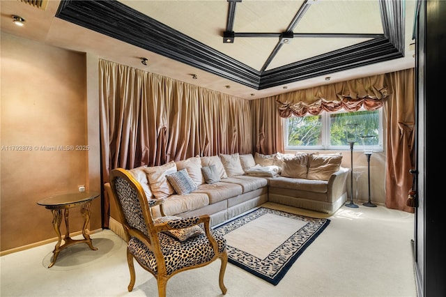 11111 Biscayne Blvd Unit 227, Miami, FL 33181 - carpeted living room featuring a raised ceiling and baseboards