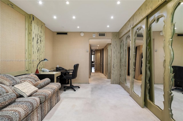 11111 Biscayne Blvd Unit 227, Miami, FL 33181 - home office featuring light colored carpet, recessed lighting, and wallpapered walls