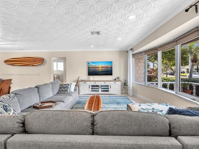 5119 Hayes St, Hollywood, FL 33021 - tiled living room with an ornate ceiling, crown molding, and baseboards