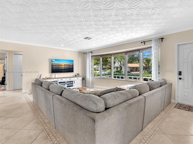 5119 Hayes St, Hollywood, FL 33021 - living room with light tile patterned floors, ornamental molding, baseboards, and an ornate ceiling