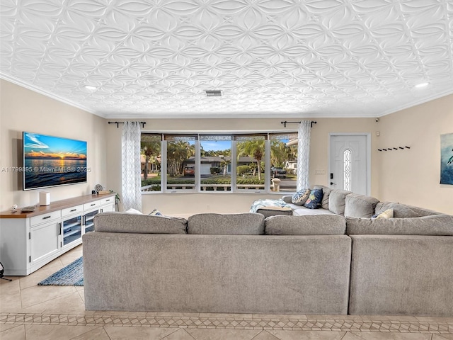5119 Hayes St, Hollywood, FL 33021 - living area with light tile patterned floors, ornamental molding, and an ornate ceiling