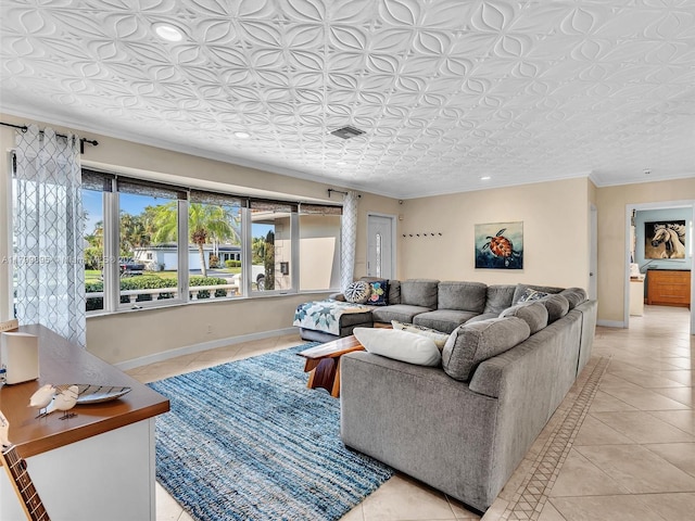 5119 Hayes St, Hollywood, FL 33021 - living area featuring light tile patterned floors, ornamental molding, baseboards, and recessed lighting
