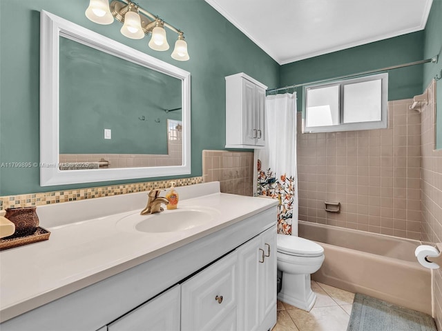 5119 Hayes St, Hollywood, FL 33021 - bathroom featuring vanity, shower / bath combo, tile patterned flooring, toilet, and crown molding
