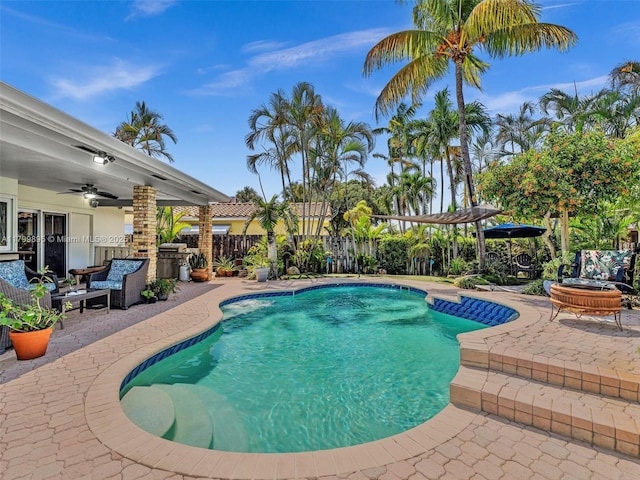 5119 Hayes St, Hollywood, FL 33021 - view of pool with a patio, ceiling fan, and a fenced backyard