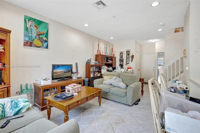 1562 NW 157th Ave, Pembroke Pines, FL 33028 - living area featuring stairs, recessed lighting, light tile patterned floors, and a textured ceiling