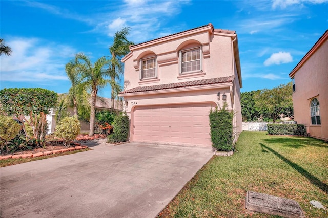 1562 NW 157th Ave, Pembroke Pines, FL 33028 - mediterranean / spanish home featuring an attached garage, concrete driveway, stucco siding, a front lawn, and a tiled roof