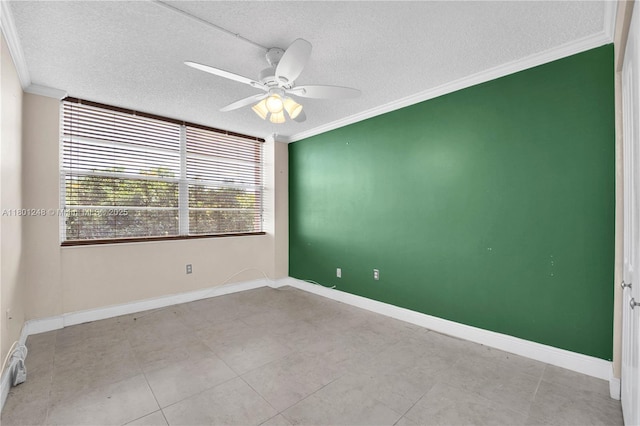 1000 Saint Charles Pl Unit 418, Pembroke Pines, FL 33026 - spare room featuring a textured ceiling, ornamental molding, ceiling fan, baseboards, and tile patterned floors