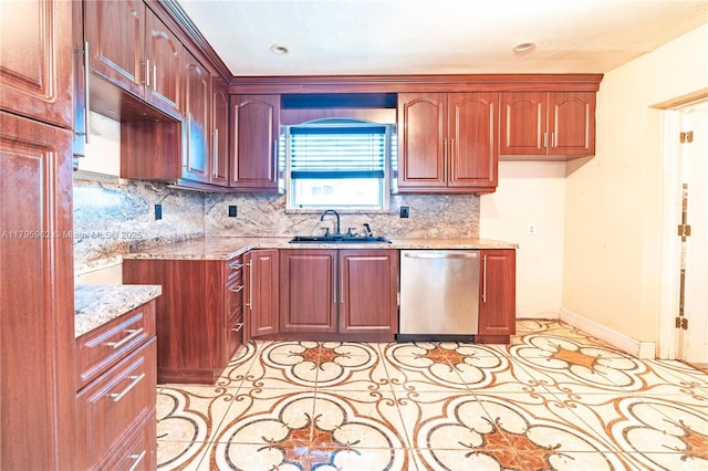 18000 NW 6th Pl, Miami Gardens, FL 33169 - kitchen featuring dishwasher, a sink, light stone counters, decorative backsplash, and light tile patterned flooring