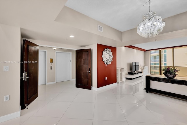 16275 Collins Ave Unit 2002, Sunny Isles Beach, FL 33160 - entryway featuring baseboards, a chandelier, recessed lighting, elevator, and light tile patterned floors