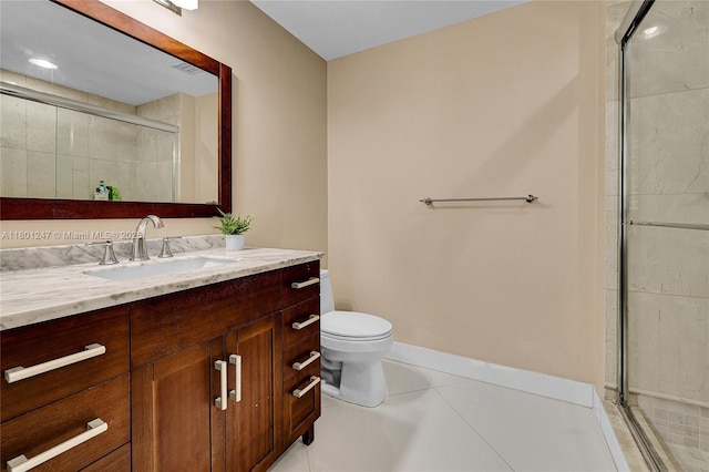 16275 Collins Ave Unit 2002, Sunny Isles Beach, FL 33160 - bathroom featuring toilet, a shower with shower door, vanity, tile patterned floors, and baseboards