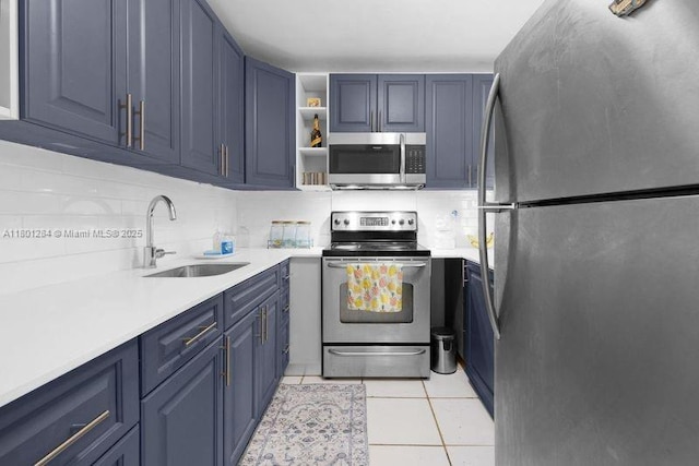 325 NW 72nd Ave Unit 308, Miami, FL 33126 - kitchen featuring appliances with stainless steel finishes, a sink, blue cabinets, and tasteful backsplash