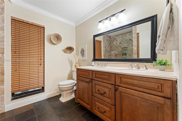 2421 NW 102nd Way, Pembroke Pines, FL 33026 - full bathroom featuring crown molding, a tile shower, toilet, double vanity, and stone finish floors