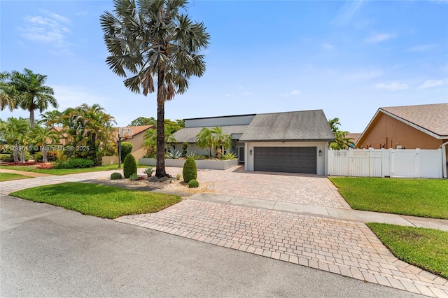 2421 NW 102nd Way, Pembroke Pines, FL 33026 - mid-century home with decorative driveway, an attached garage, stucco siding, and solar panels