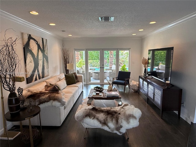9720 SW 104th Ct, Miami, FL 33176 - living area featuring dark wood-style flooring, ornamental molding, baseboards, recessed lighting, and a textured ceiling