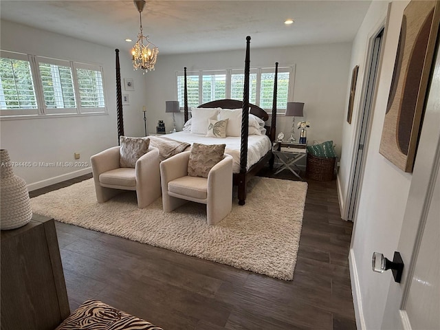 9720 SW 104th Ct, Miami, FL 33176 - bedroom with baseboards, recessed lighting, dark wood-style floors, and a chandelier