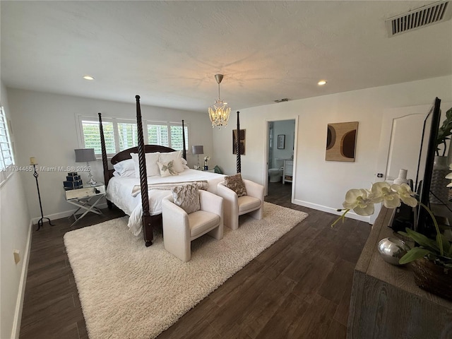 9720 SW 104th Ct, Miami, FL 33176 - bedroom featuring baseboards, a chandelier, recessed lighting, dark wood-style flooring, and ensuite bath