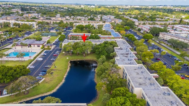aerial overview of property's location featuring a large body of water