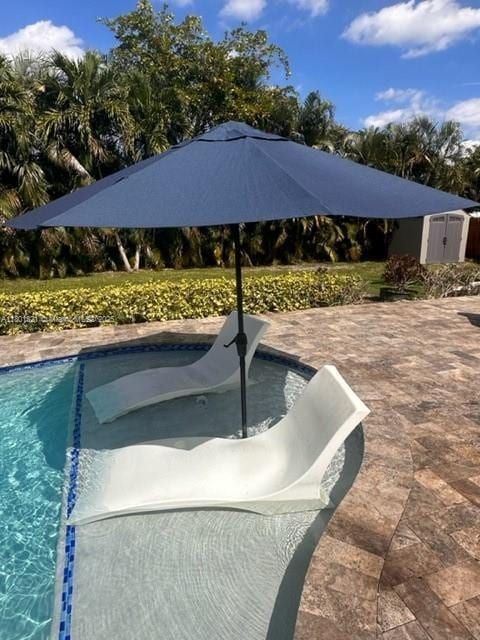 12821 SW 10th Ct, Davie, FL 33325 - view of swimming pool with a storage unit and an outbuilding