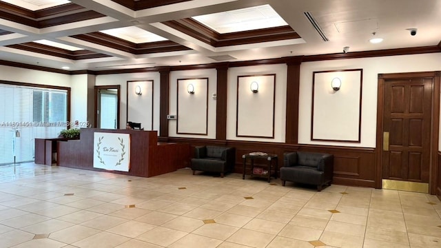 2665 SW 37th Ave Unit 1112, Miami, FL 33133 - lobby with ornamental molding, a decorative wall, wainscoting, and beam ceiling